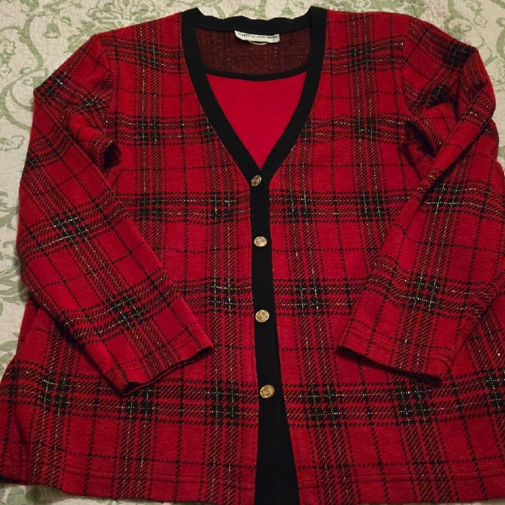 Cathy Daniels Red Knit Top with Black Trim